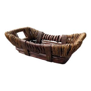 Wooden  Wicker Straw Wrapped Rectangular Basket